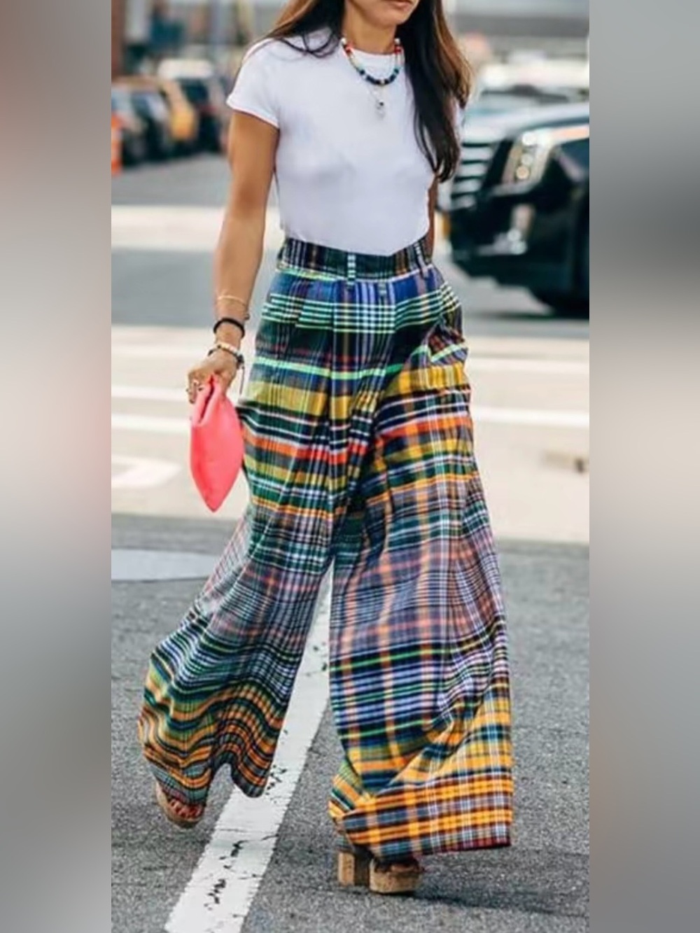 High-Rise Wide-Leg Plaid Palazzo Pants in Multicolor
